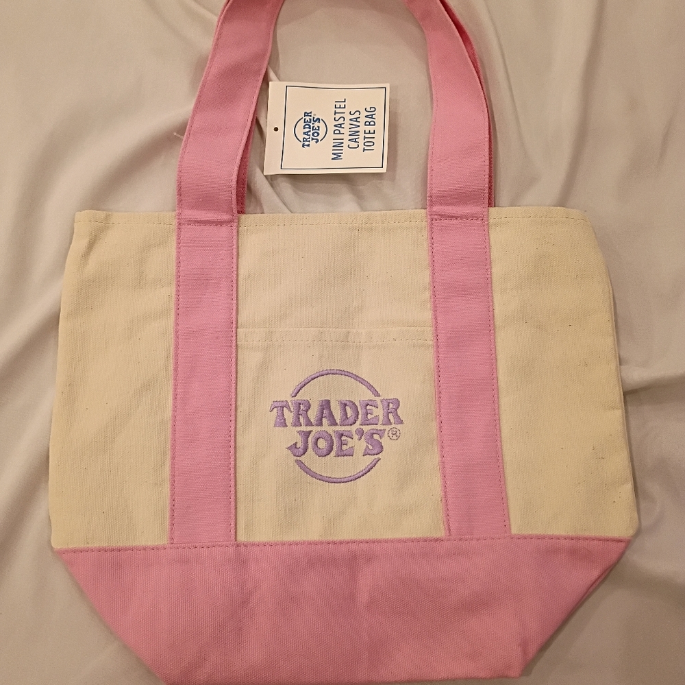Trader Joes Pastel New Drop Mini Pink and Cream Canvas Tote Bag